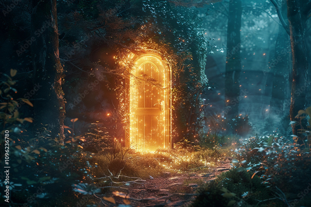 Fantastically door in wild forest leading to deep unknown Fantastically door in wild forest leading to deep unknown