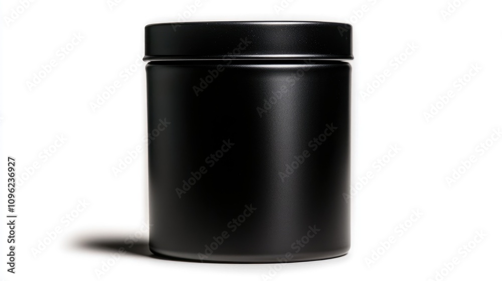 Sleek black tin candle container with a matching lid, positioned flat and viewed from the side, set against a clean white background, emphasizing its minimalist design.