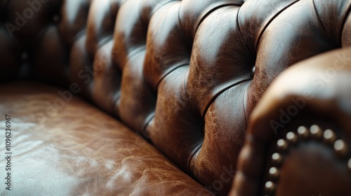 A luxurious brown leather sofa features intricate tufting and stylish nailhead trim, combining timeless elegance with inviting comfort for a sophisticated living space. photo