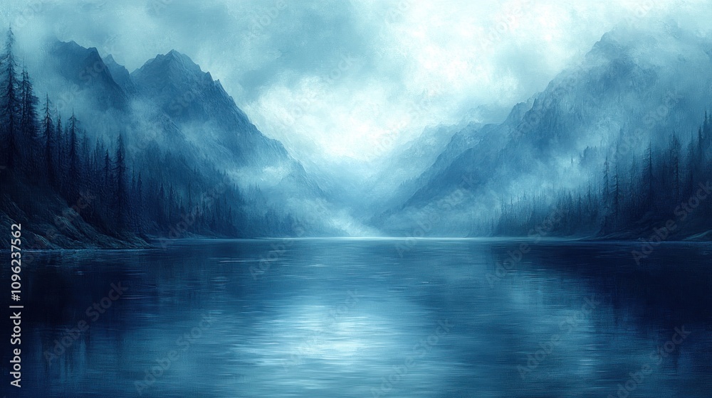 Fototapeta premium Misty Mountain Lake Serenity: A Breathtaking Blue Panorama