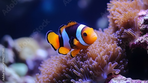Vibrant orange and white clownfish nestled amongst purple sea anemone in aquarium.