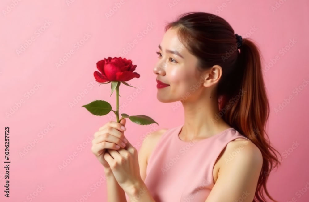 Fototapeta premium happy woman with rose on pink background