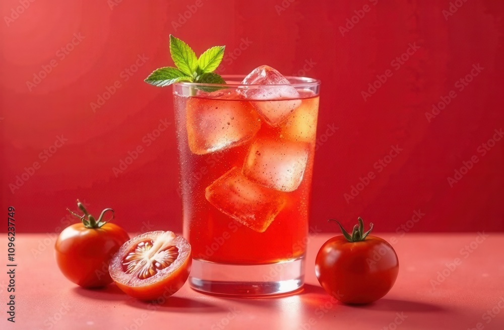 tomato juice with ice and tomatoes on red background tomato juice with ice and tomatoes on red background