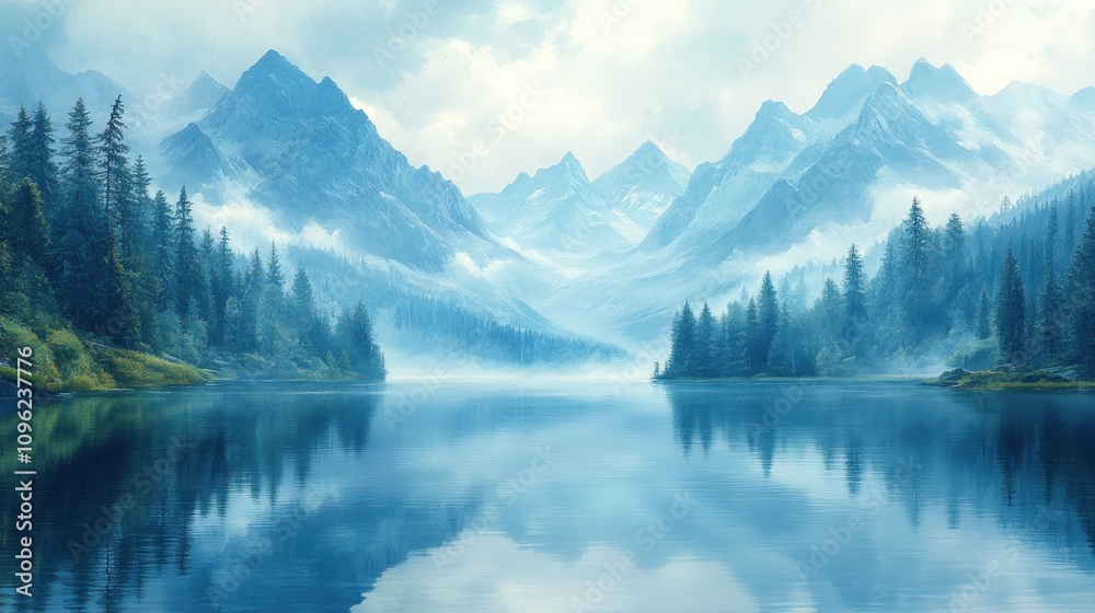 Serene Mountain Lake Reflections: A Misty Alpine Paradise Serene Mountain Lake Reflections: A Misty Alpine Paradise