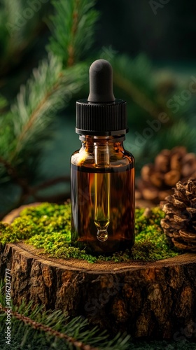 Amber glass dropper bottle of essential oil on rustic wood slice, surrounded by pine branches, moss, and pinecones, creating a natural forest ambiance.