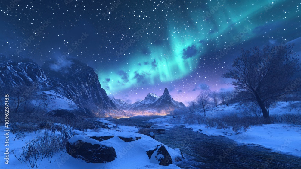 Fototapeta premium Aurora Borealis Reflection Over Forest Lake