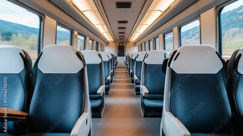 Naklejka premium A modern train interior featuring sleek, black seating and spacious aisles, illuminated by bright overhead lights, creating a clean and inviting atmosphere.