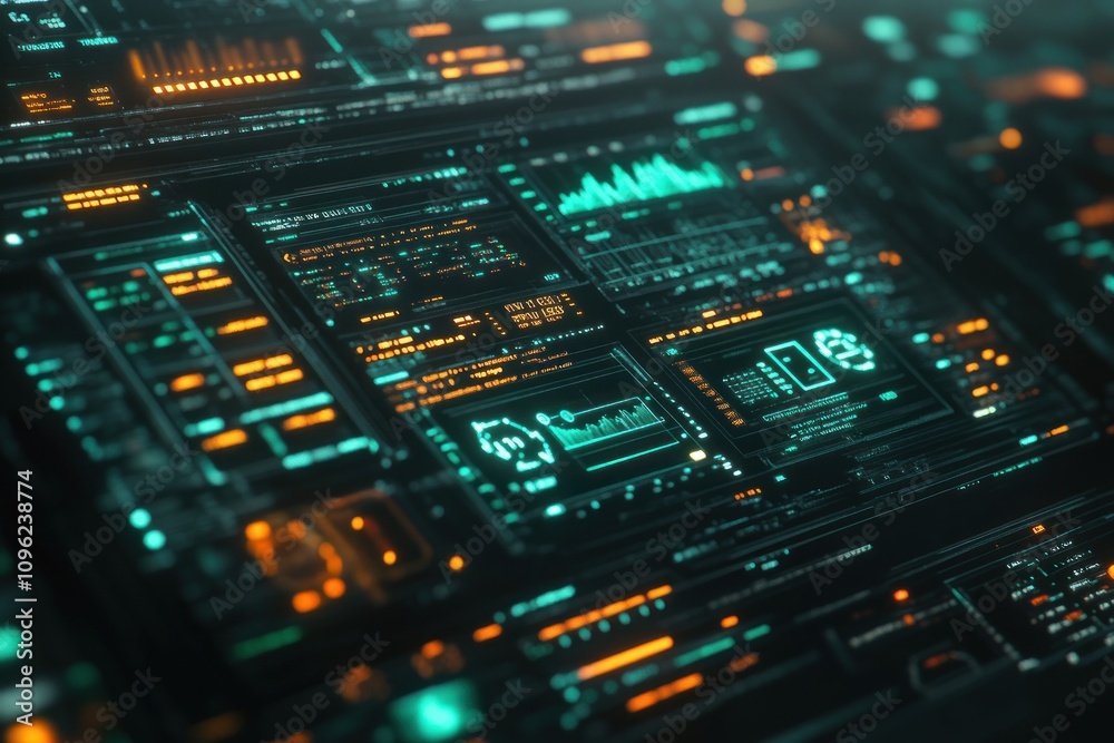 Futuristic digital interface with glowing teal and orange HUD elements displaying data streams, graphs, and charts. Futuristic digital interface with glowing teal and orange HUD elements displaying data streams, graphs, and charts.