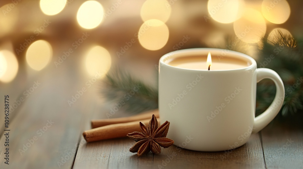 A cozy white mug with a lit candle, surrounded by cinnamon sticks and a star anise, set against a warm, blurred background of twinkling lights. A cozy white mug with a lit candle, surrounded by cinnamon sticks and a star anise, set against a warm, blurred background of twinkling lights.
