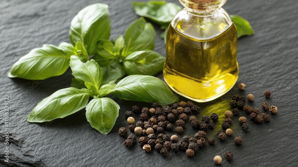 Basil leaves, glass bottle of olive oil, and mixed peppercorns beautifully arranged on a dark slate surface, creating a vibrant culinary aesthetic perfect for cooking or dining. Basil leaves, glass bottle of olive oil, and mixed peppercorns beautifully arranged on a dark slate surface, creating a vibrant culinary aesthetic perfect for cooking or dining.