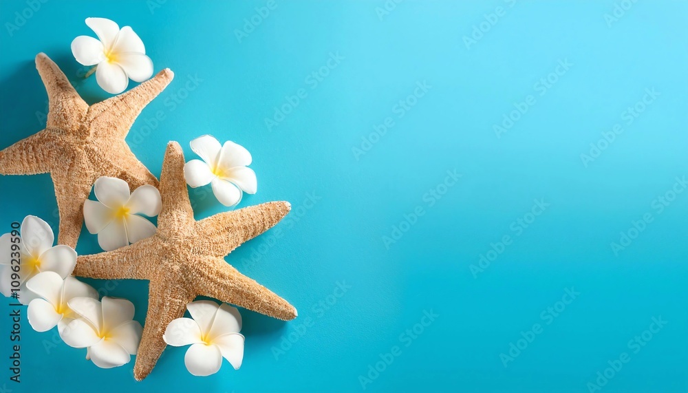 Starfish and plumeria flowers on light blue background. Space for text. Summer holiday background concept, summer background concept Starfish and plumeria flowers on light blue background. Space for text. Summer holiday background concept, summer background concept