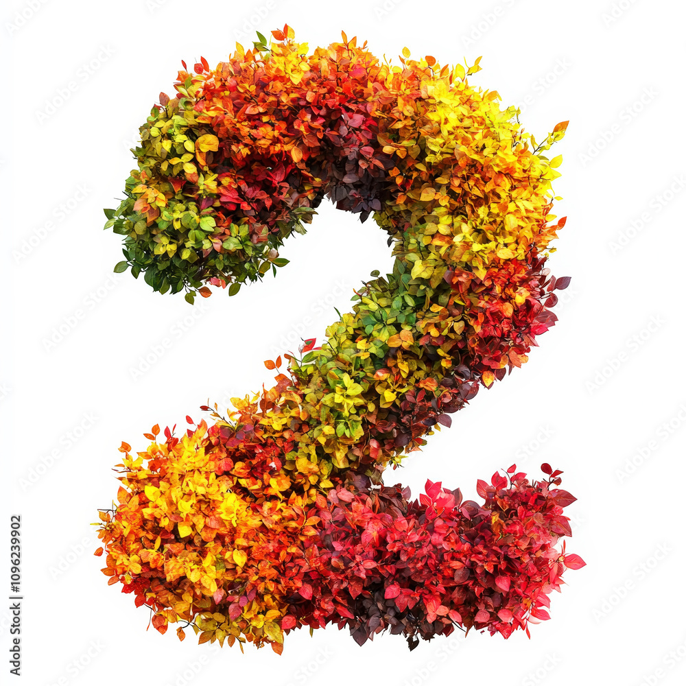 Number 2 made of fall leaves, flowers. berries. Vibrant autumn colours. White clean background. Generative AI Number 2 made of fall leaves, flowers. berries. Vibrant autumn colours. White clean background. Generative AI