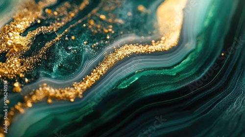 Closeup macro shot of a vibrant green and gold agate geode crystal with intricate swirling patterns and shimmering golden accents.