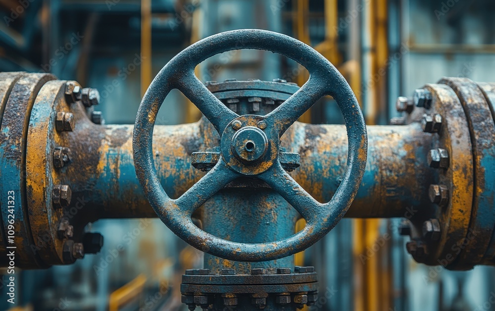 A Rusty, Blue, and Yellow Metal Wheel Control in a Factory Setting, Showing Signs of Age and Wear, Capturing the Essence of Industrial Machinery and Its Working Components A Rusty, Blue, and Yellow Metal Wheel Control in a Factory Setting, Showing Signs of Age and Wear, Capturing the Essence of Industrial Machinery and Its Working Components