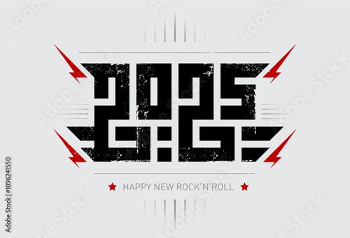 2025 - t-shirt design for new year party. Cool print for t-shirt apparels with inscription. Happy New Rock'n'roll 2025 - music poster with stylized inscription, red lightnings and star.