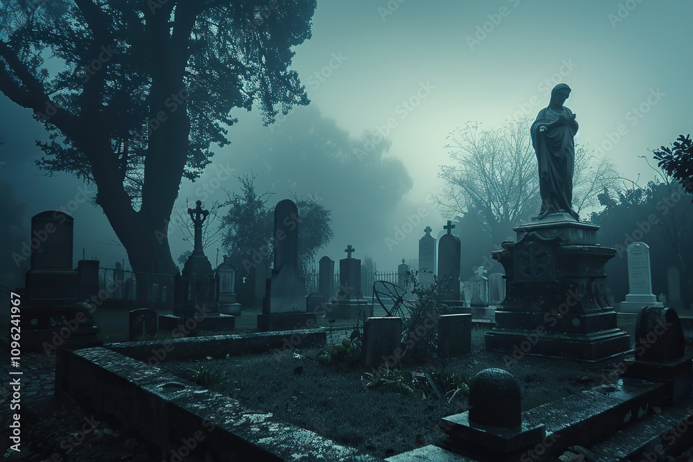 Fototapeta premium Scary mummy wandering in street with dramatic lighting on Halloween