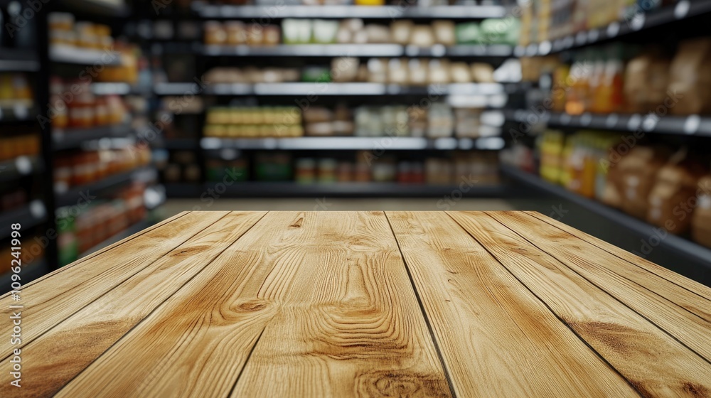 Clear wooden table displayed prominently in a grocery store aisle, with softly blurred supermarket shelves filled with various products in the background, creating a vibrant shopping atmosphere. Clear wooden table displayed prominently in a grocery store aisle, with softly blurred supermarket shelves filled with various products in the background, creating a vibrant shopping atmosphere.