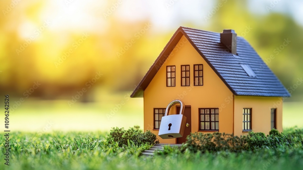 Model house with a padlock representing property insurance, set against a blurred natural background, emphasizing safety and risk protection, featuring green grass and warm sunlight. Model house with a padlock representing property insurance, set against a blurred natural background, emphasizing safety and risk protection, featuring green grass and warm sunlight.