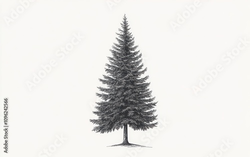 A vector graphic of a tall, detailed fir tree, designed in the style of traditional engraving