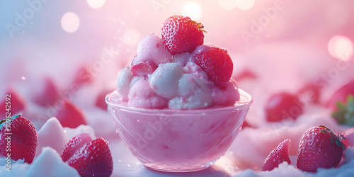 Strawberry Ice Cream Dessert in Glass Bowl on Pink Background with Frosting photo