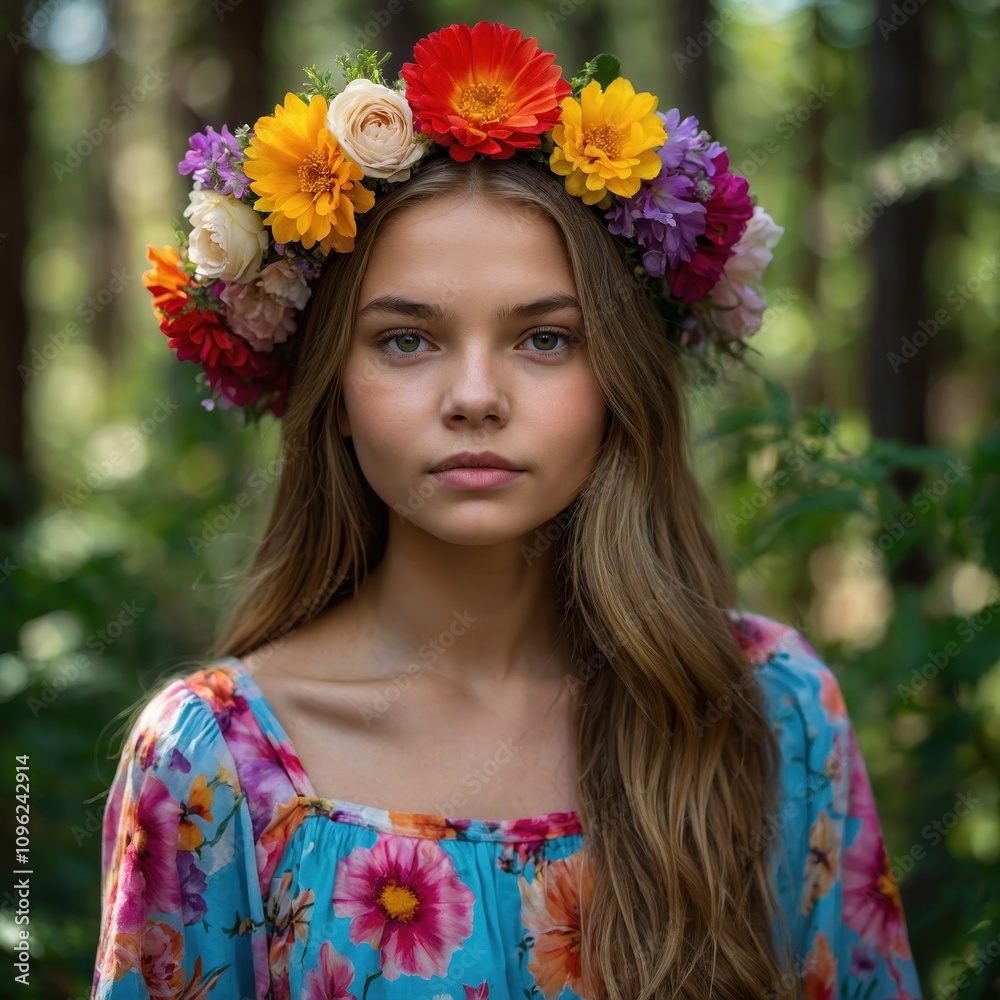 A 12-year-old girl in a flower-printed dress and a floral crown, standing in a forest, radiating innocence and natural beauty A 12-year-old girl in a flower-printed dress and a floral crown, standing in a forest, radiating innocence and natural beauty
