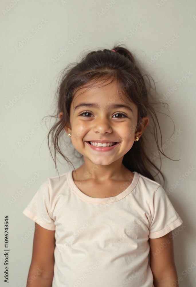 Cheerful young girl with bright smile against plain wall, innocence Cheerful young girl with bright smile against plain wall, innocence