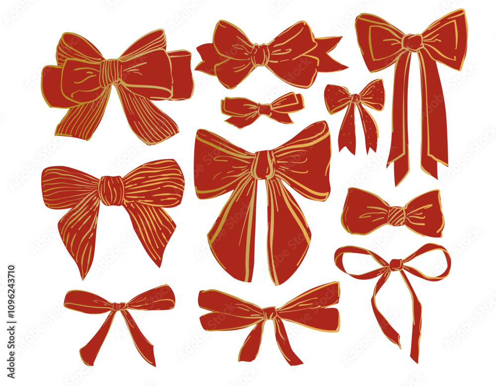 Set of Red Hand-Drawn Bows - Charming Collection of Red Bows in hand drawn Style for Holiday Decor, Gift Wrapping, and Creative Projects. Set of Red Hand-Drawn Bows - Charming Collection of Red Bows in hand drawn Style for Holiday Decor, Gift Wrapping, and Creative Projects.