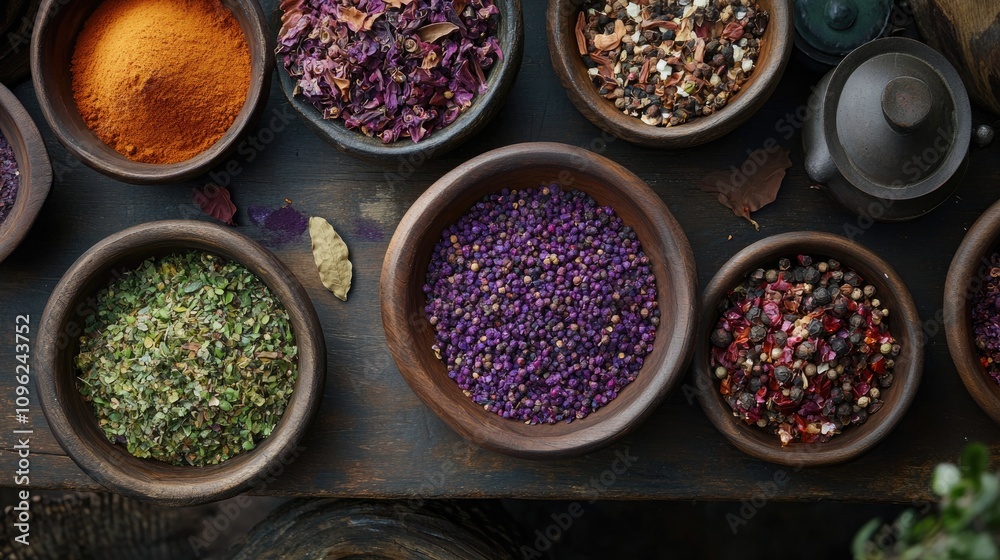 Vibrant spices in rustic wooden bowls showcasing a variety of rich colors and textures, ideal for culinary-themed displays and creative cooking inspiration. Vibrant spices in rustic wooden bowls showcasing a variety of rich colors and textures, ideal for culinary-themed displays and creative cooking inspiration.