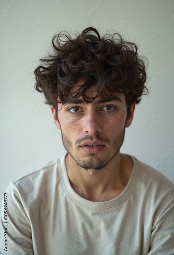 Curly-haired man with intense gaze, portrait authenticity Curly-haired man with intense gaze, portrait authenticity