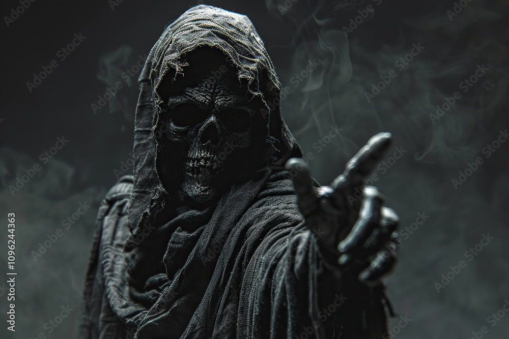 Scary grim reaper with scythe in hell on dark background with dramatic background Scary grim reaper with scythe in hell on dark background with dramatic background