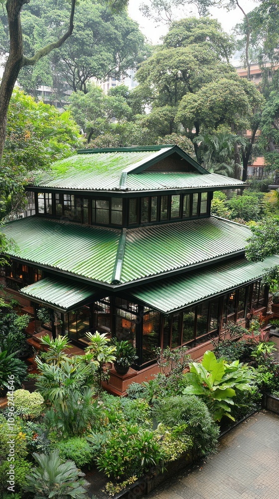 A multi-level green-roofed building surrounded by lush vegetation. A multi-level green-roofed building surrounded by lush vegetation.