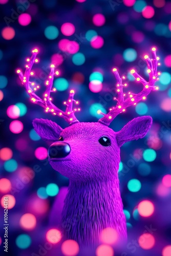 Purple reindeer with glowing antlers against a bokeh background.