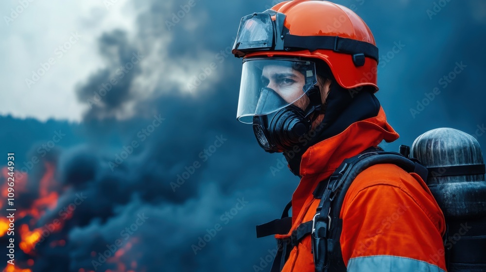 Courageous firefighter in protective gear stands against a backdrop of smoke and flames, ready to battle fires and protect lives in hazardous conditions Courageous firefighter in protective gear stands against a backdrop of smoke and flames, ready to battle fires and protect lives in hazardous conditions
