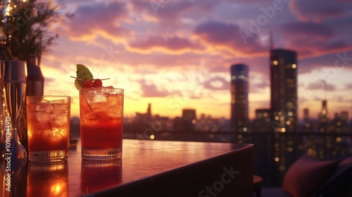 Fototapeta Naklejka Na Ścianę i Meble -  Cocktails on a rooftop bar with vibrant sunset hues casting over a city skyline, creating a serene and picturesque evening atmosphere.
