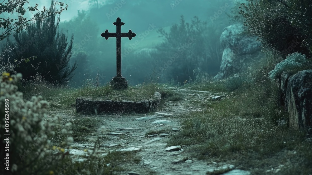 Ancient crossroad scene with a rustic wooden cross marking a grave, surrounded by overgrown grass and misty terrain, evoking a serene and haunting atmosphere. Ancient crossroad scene with a rustic wooden cross marking a grave, surrounded by overgrown grass and misty terrain, evoking a serene and haunting atmosphere.