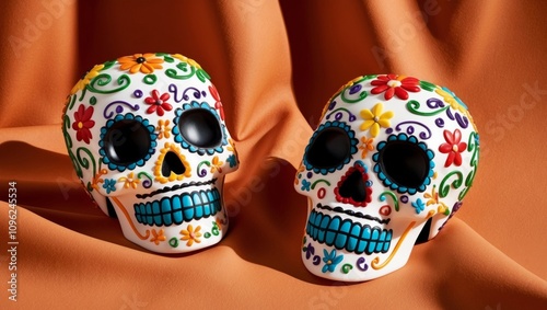 Two colorful decorated skulls on orange background copy space day of dead celebration festive holiday.
