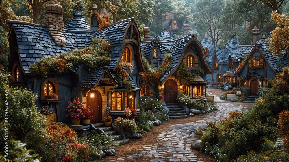 Obraz premium Enchanting village scene with stone-paved streets, cozy cottages, and warm lights glowing under a twilight sky in a magical countryside setting.