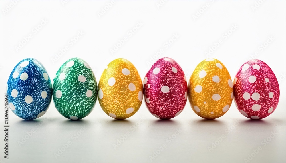 row colorful easter eggs in dot isolated on white background