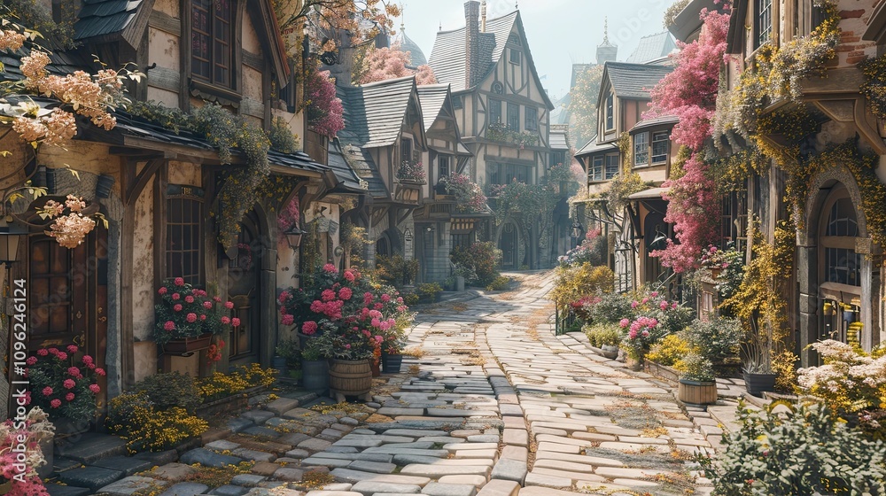 Fototapeta premium Rustic village street with half-timbered houses adorned with flowers and lanterns in a tranquil medieval-inspired countryside setting.