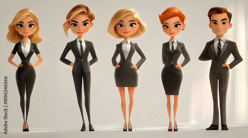 Animated corporate characters in modern office clothing posing confidently, white studio background