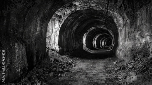 Abandoned mine tunnel descending into dark catacombs with a panoramic view, showcasing curved passages resembling subterranean caves, highlighting themes of coal, ore, and geology.