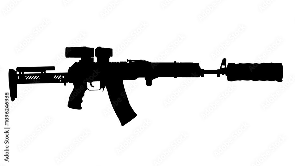 silhouette of Upgraded AK 74 assault rifle with collimator sight, magnifier, tactical grip, silencer, folding stock on white background
