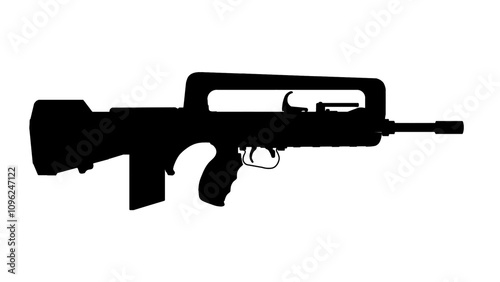 silhouette side view of upgraded French famas f1 bullpup assault rifle on a white background, lineart photo