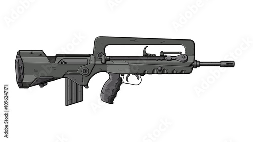 side view of upgraded French famas f1 bullpup assault rifle on a white background, lineart photo