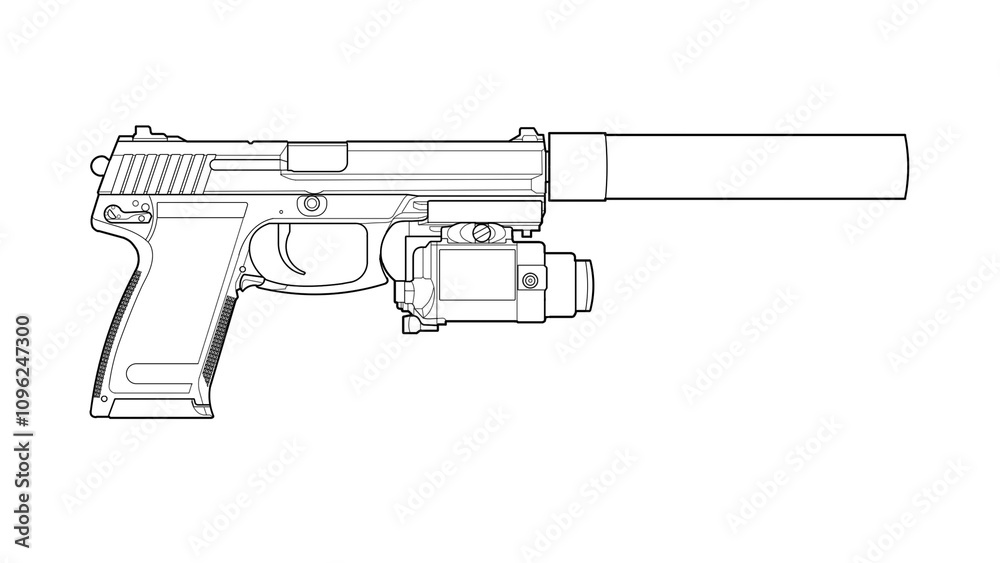 lineart line art usa army pistol mk23 with silencer and flashlight on a white background lineart line art usa army pistol mk23 with silencer and flashlight on a white background