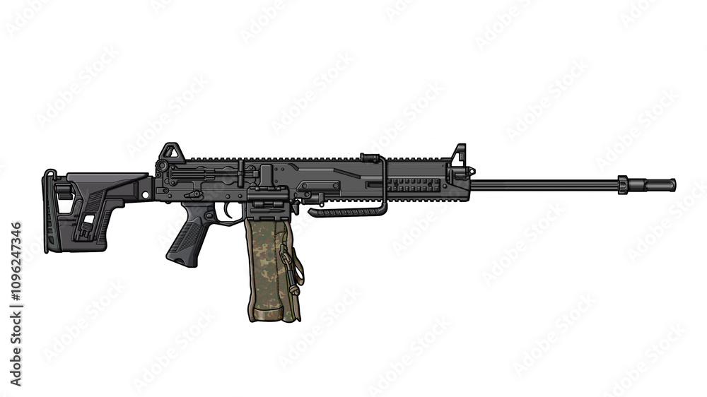 upgraded Russian rpl 20 machine gun with folding stock on a white background