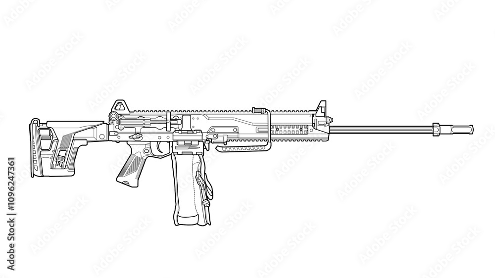 lineart line art upgraded Russian rpl 20 machine gun with folding stock on a white background lineart line art upgraded Russian rpl 20 machine gun with folding stock on a white background