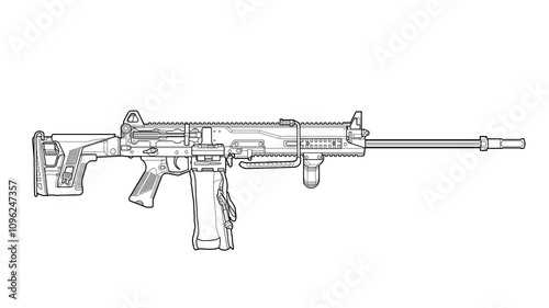 line art lineart upgraded Russian rpl 20 machine gun with tactical grip, folding stock on a white background