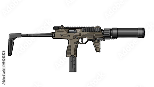 upgraded tuned tmp, mp9 submachine gun with tactical grip, silencer, folding stock on a white background photo