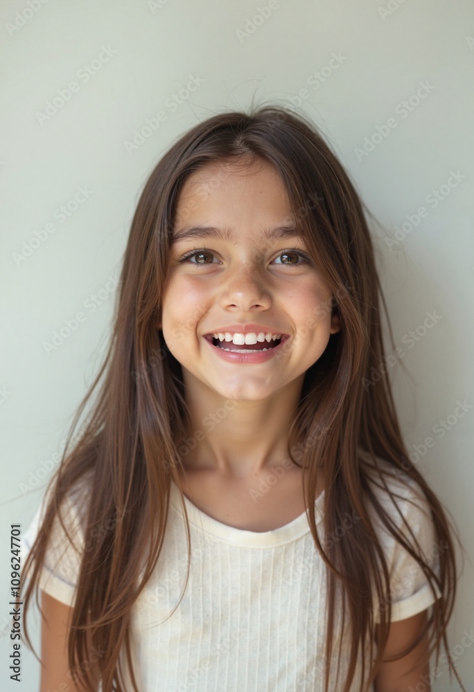 Joyful young girl laughing against plain wall, childhood happiness Joyful young girl laughing against plain wall, childhood happiness